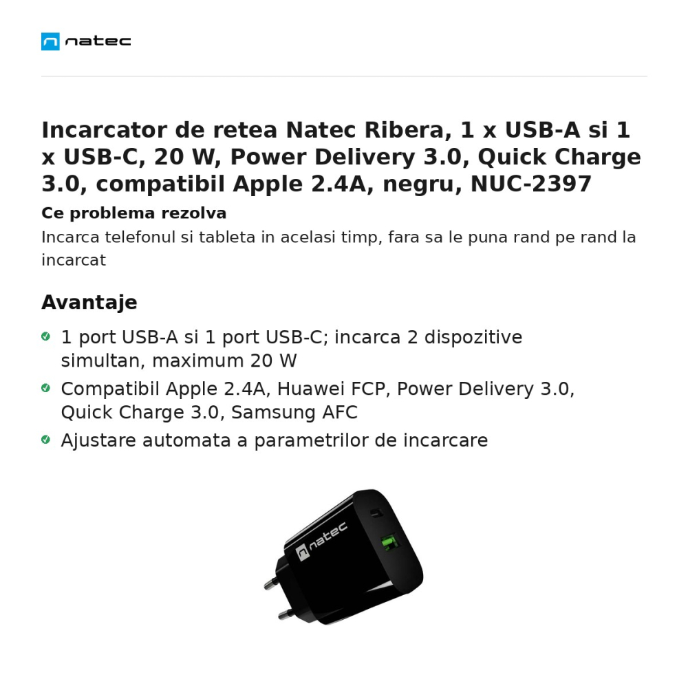 Incarcator de retea Natec Ribera, 1 x USB-A si 1 x USB-C, 20 W, Power Delivery 3.0, Quick Charge 3.0, compatibil Apple 2.4A, negru, NUC-2397 [2]