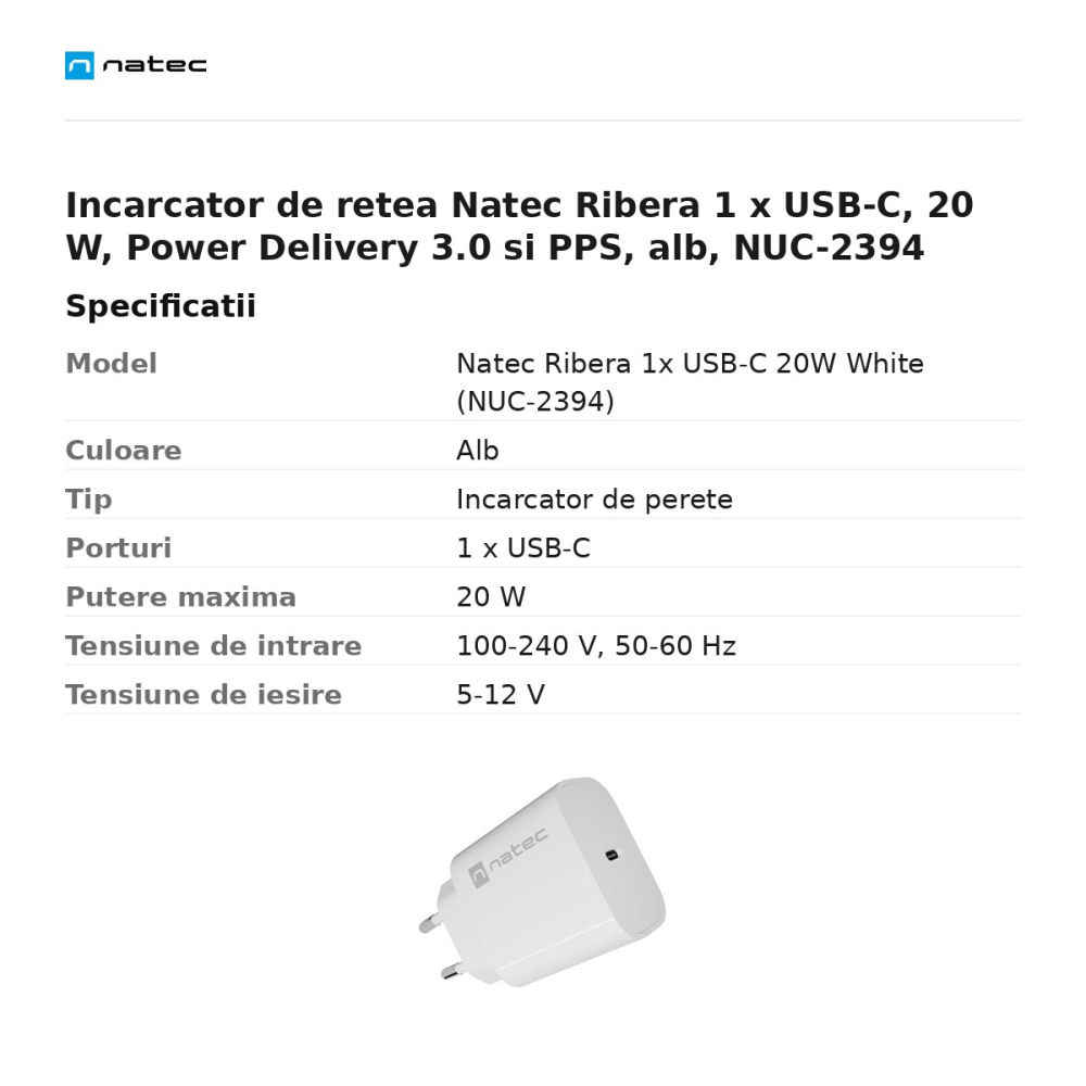 Incarcator de retea Natec Ribera 1 x USB-C, 20 W, Power Delivery 3.0 si PPS, alb, NUC-2394 [3]