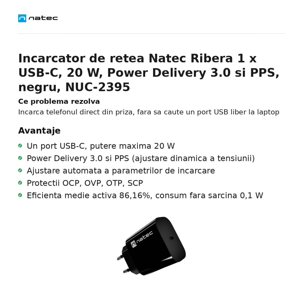 Incarcator de retea Natec Ribera 1 x USB-C, 20 W, Power Delivery 3.0 si PPS, negru, NUC-2395 [2]