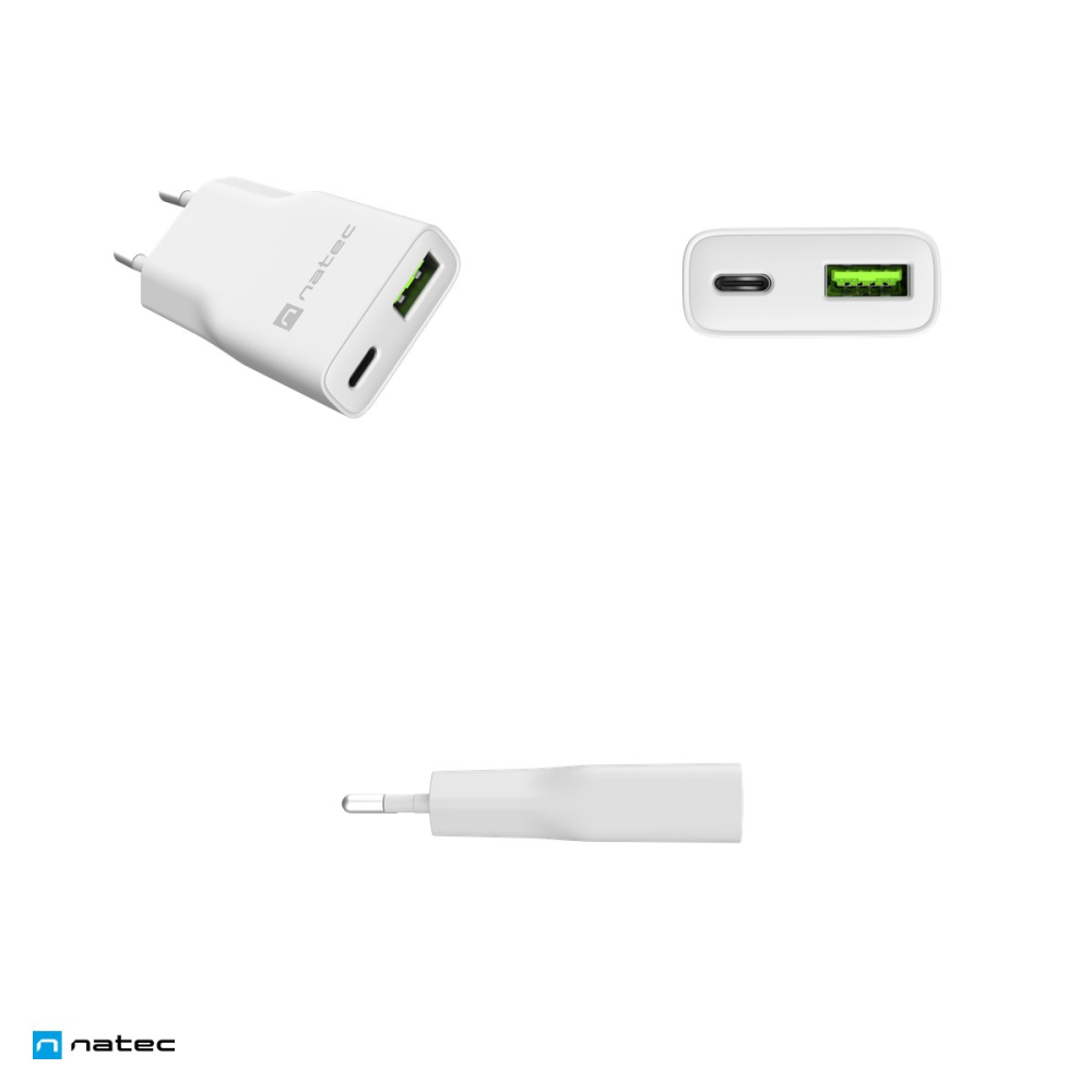 Incarcator de retea Natec Ribera GaN Slim, 1 x USB-A si 1 x USB-C, 20 W, Power Delivery si PPS, Quick Charge, 2 dispozitive simultan, alb, NUC-2376 [4]