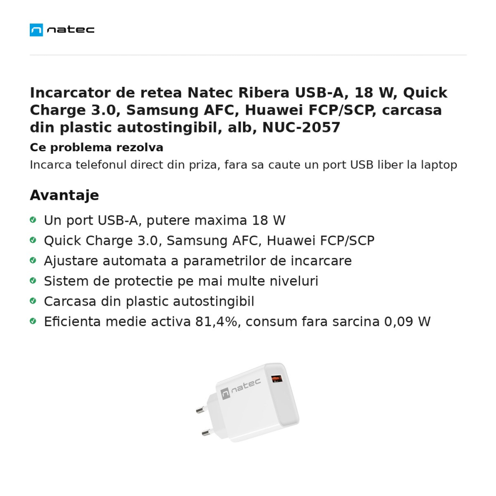 Incarcator de retea Natec Ribera USB-A, 18 W, Quick Charge 3.0, Samsung AFC, Huawei FCP/SCP, carcasa din plastic autostingibil, alb, NUC-2057 [2]