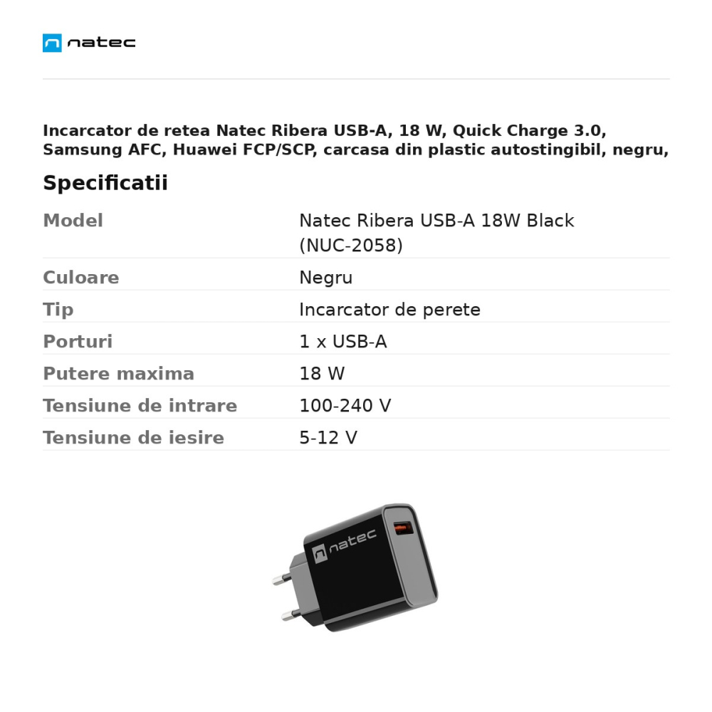 Incarcator de retea Natec Ribera USB-A, 18 W, Quick Charge 3.0, Samsung AFC, Huawei FCP/SCP, carcasa din plastic autostingibil, negru, NUC-2058 [3]