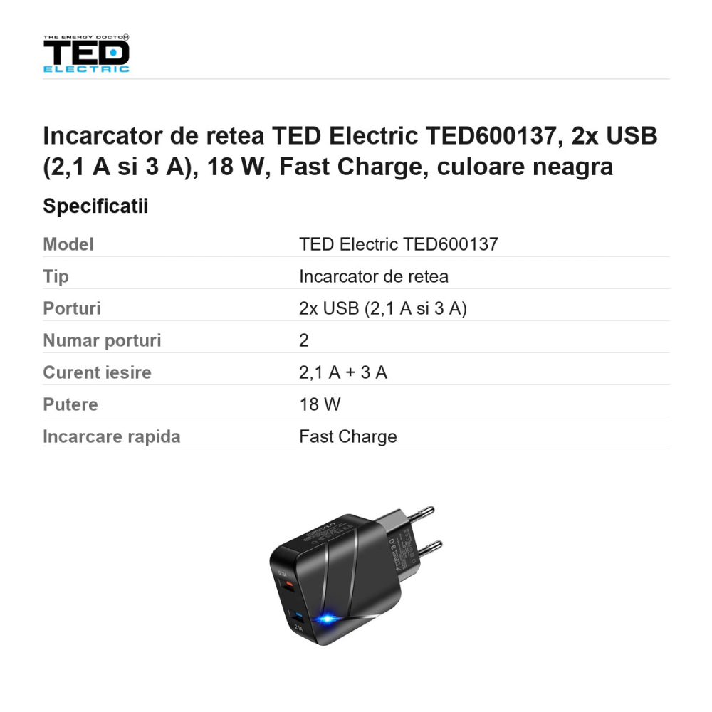 Incarcator de retea TED Electric TED600137, 2x USB (2,1 A si 3 A), 18 W, Fast Charge, culoare neagra [3]