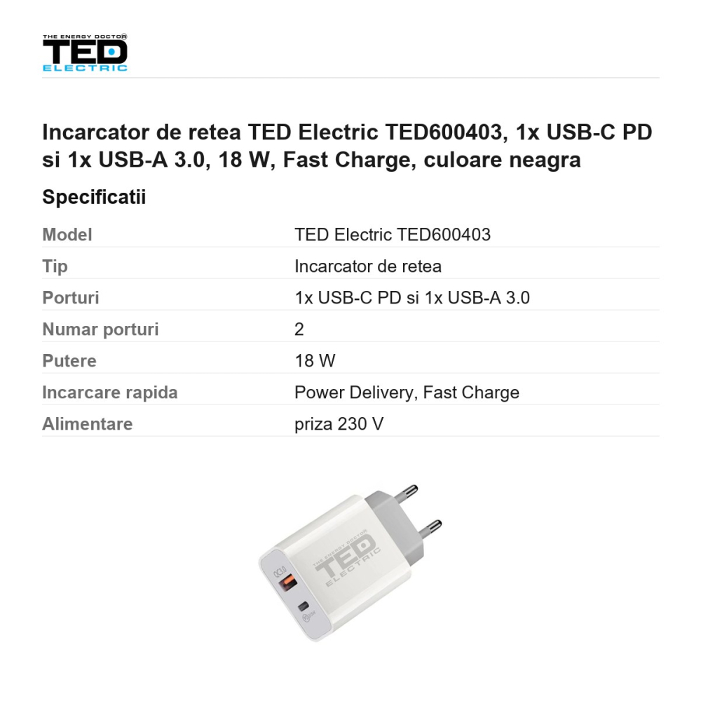 Incarcator de retea TED Electric TED600403, 1x USB-C PD si 1x USB-A 3.0, 18 W, Fast Charge, culoare neagra [3]