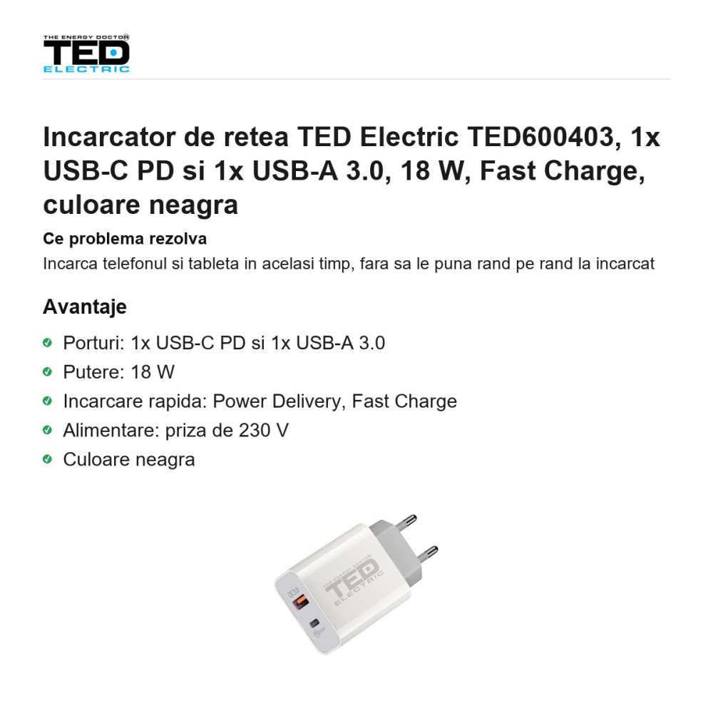Incarcator de retea TED Electric TED600403, 1x USB-C PD si 1x USB-A 3.0, 18 W, Fast Charge, culoare neagra [2]