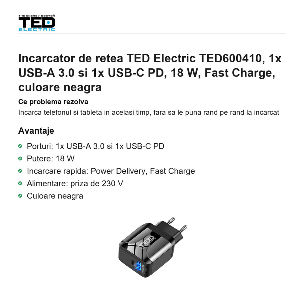 Incarcator de retea TED Electric TED600410, 1x USB-A 3.0 si 1x USB-C PD, 18 W, Fast Charge, culoare neagra [2]