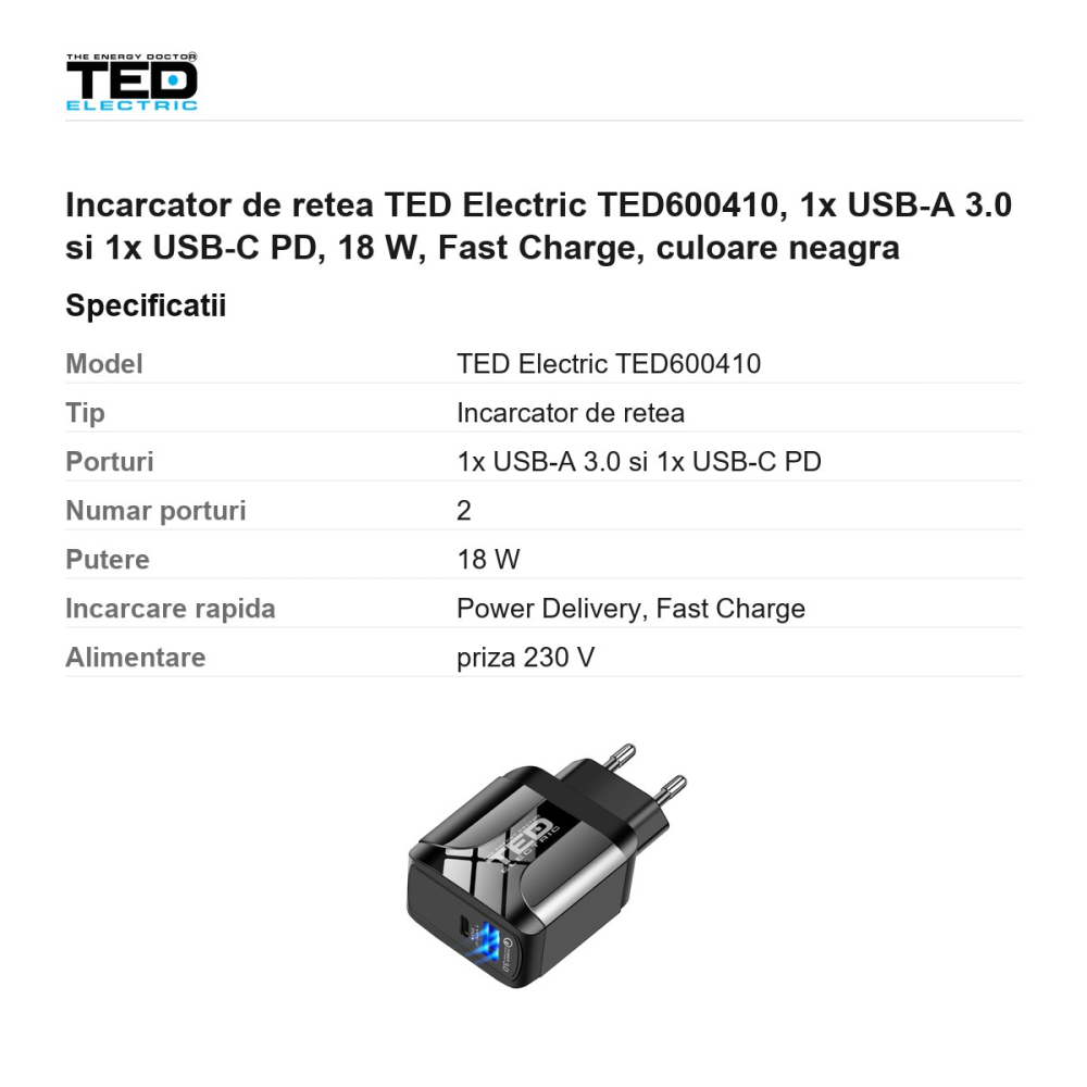 Incarcator de retea TED Electric TED600410, 1x USB-A 3.0 si 1x USB-C PD, 18 W, Fast Charge, culoare neagra [3]