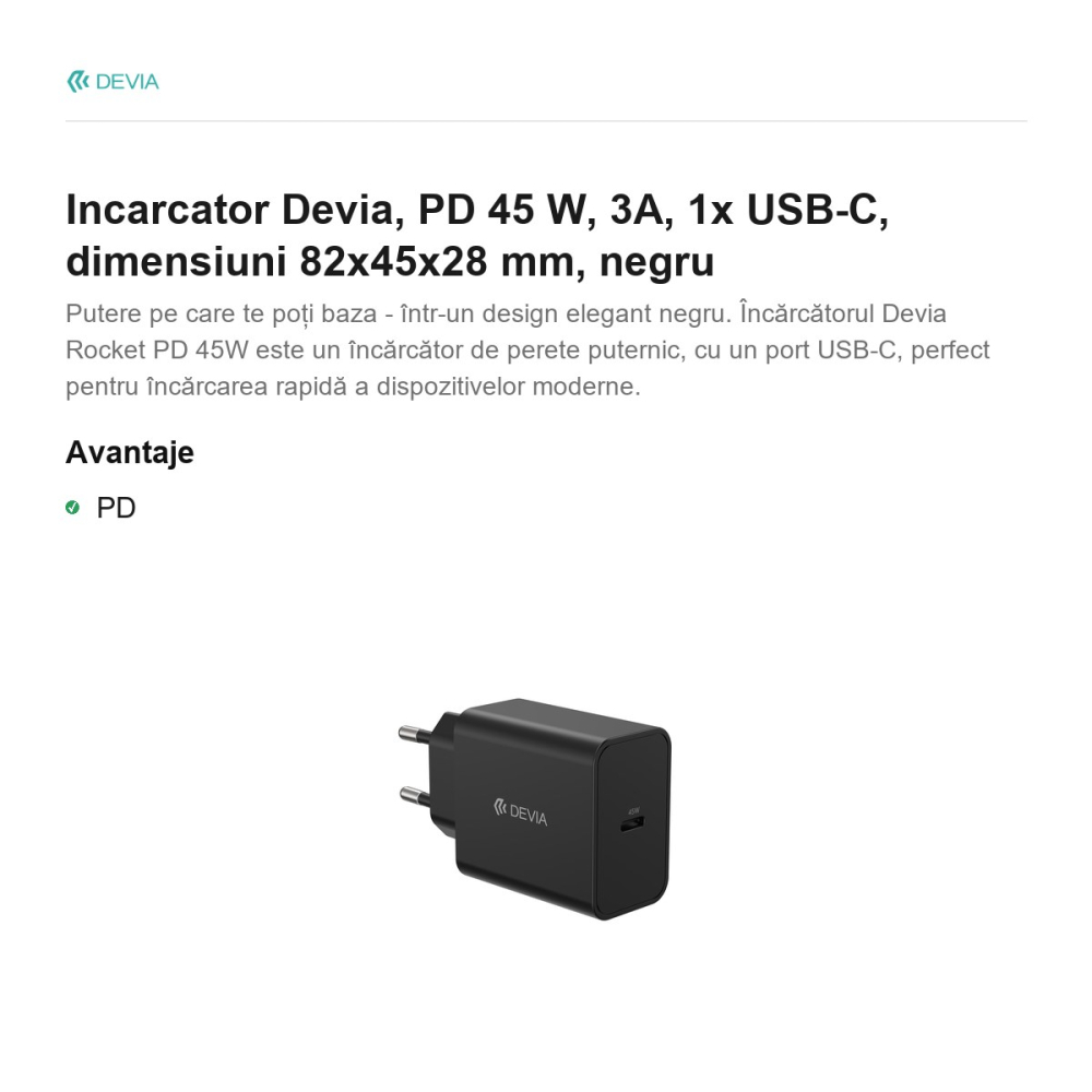 Incarcator Devia, PD 45 W, 3A, 1x USB-C, dimensiuni 82x45x28 mm, negru [2]