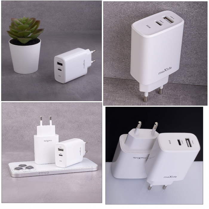 Incarcator dual cu port USB-C si USB-A la priza Euro, Quick Charge+, PD 20W, 3A, Maxlife, 100-240V, alb [4]