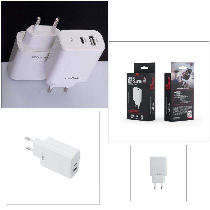Incarcator dual cu port USB-C si USB-A la priza Euro, Quick Charge+, PD 20W, 3A, Maxlife, 100-240V, alb [5]