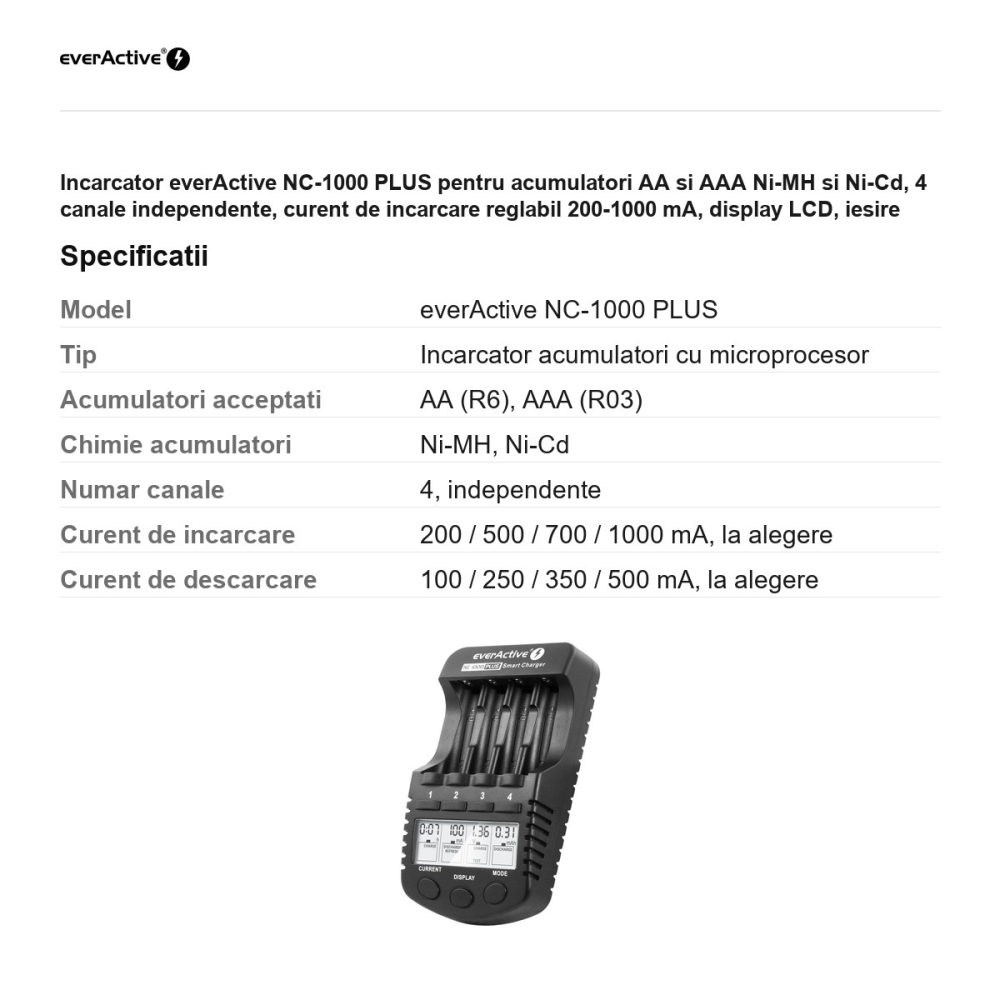 Incarcator everActive NC-1000 PLUS pentru acumulatori AA si AAA Ni-MH si Ni-Cd, 4 canale independente, curent de incarcare reglabil 200-1000 mA, display LCD, iesire USB 5 V, alimentare retea si auto [3]