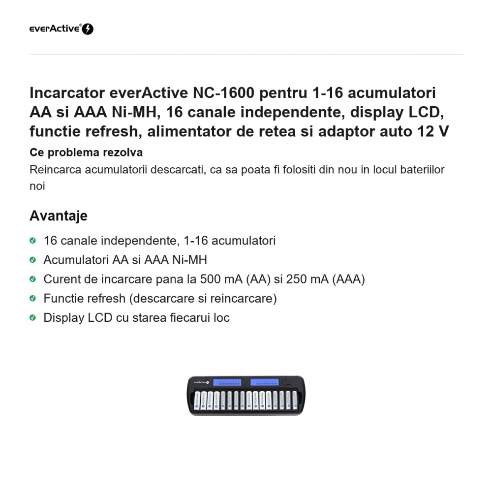 Incarcator everActive NC-1600 pentru 1-16 acumulatori AA si AAA Ni-MH, 16 canale independente, display LCD, functie refresh, alimentator de retea si adaptor auto 12 V [2]