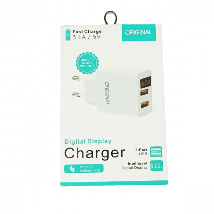 Incarcator fast charge retea, 3.1A, cu display LED si 2 porturi USB-A, APD-2S-W 69822, alb [5]