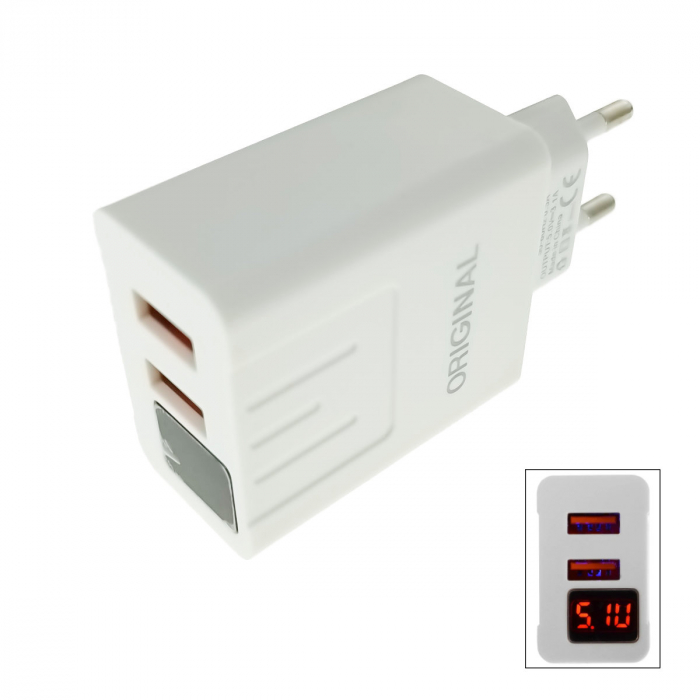 Incarcator fast charge retea, 3.1A, cu display LED si 2 porturi USB-A, APD-2S-W 69822, alb [3]