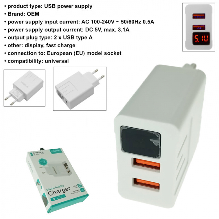 Incarcator fast charge retea, 3.1A, cu display LED si 2 porturi USB-A, APD-2S-W 69822, alb [6]