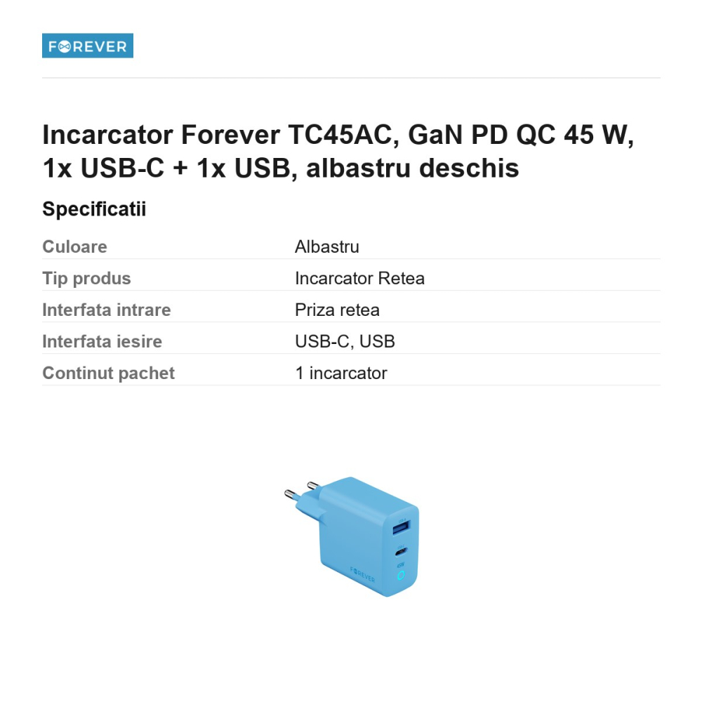 Incarcator Forever TC45AC, GaN PD QC 45 W, 1x USB-C + 1x USB, albastru deschis [3]