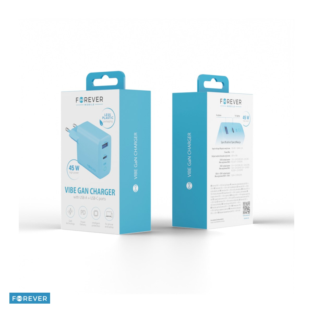 Incarcator Forever TC45AC, GaN PD QC 45 W, 1x USB-C + 1x USB, albastru deschis [4]