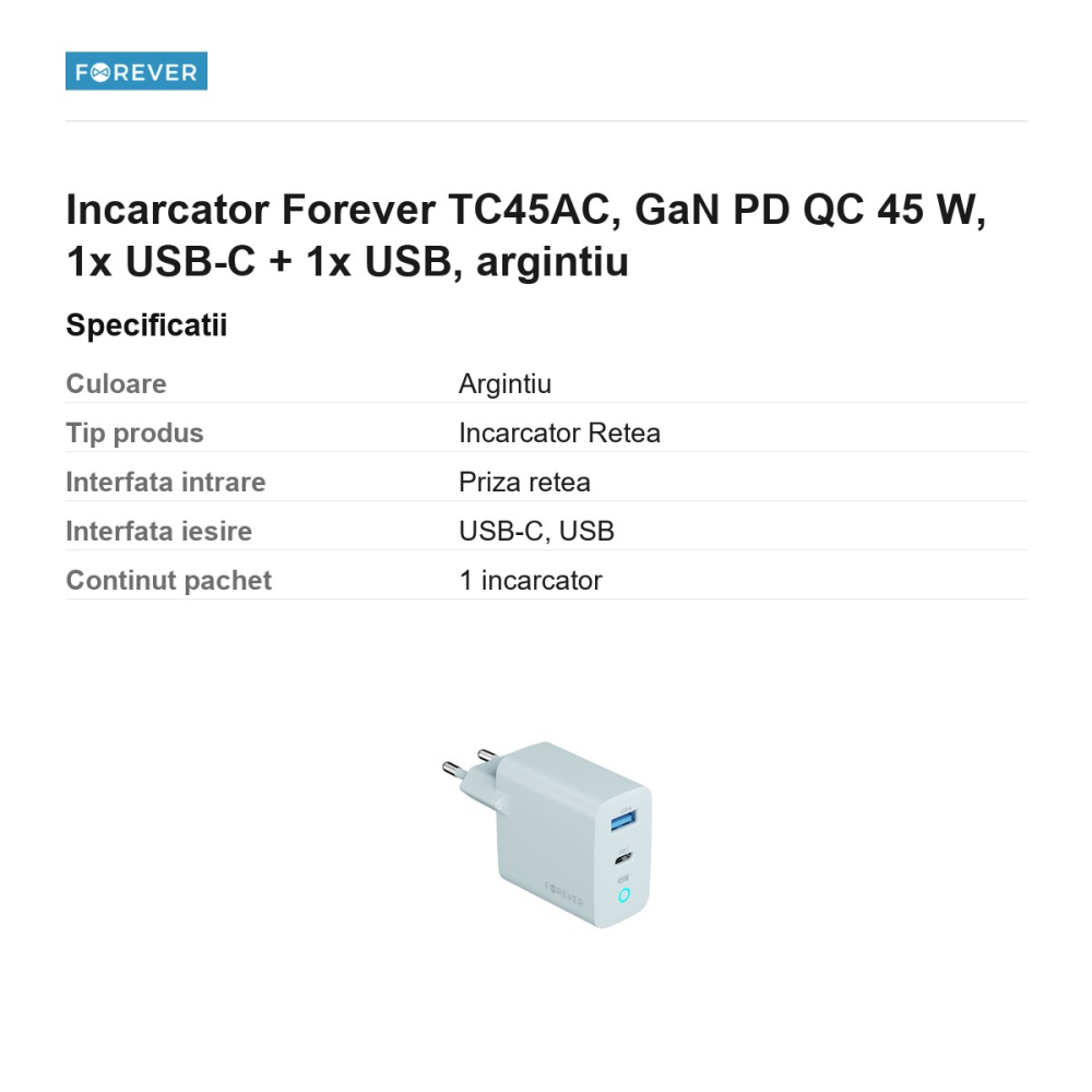 Incarcator Forever TC45AC, GaN PD QC 45 W, 1x USB-C + 1x USB, argintiu [3]