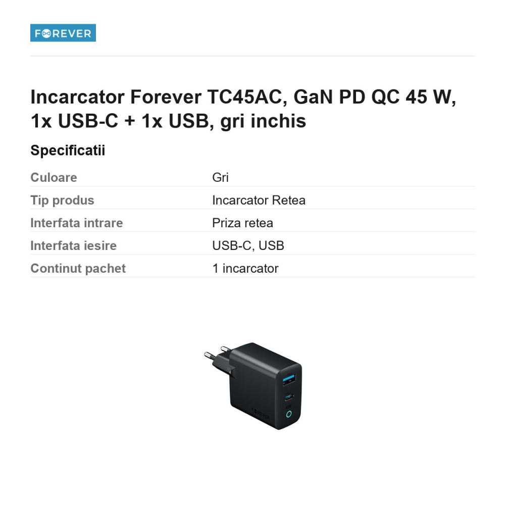 Incarcator Forever TC45AC, GaN PD QC 45 W, 1x USB-C + 1x USB, gri inchis [3]