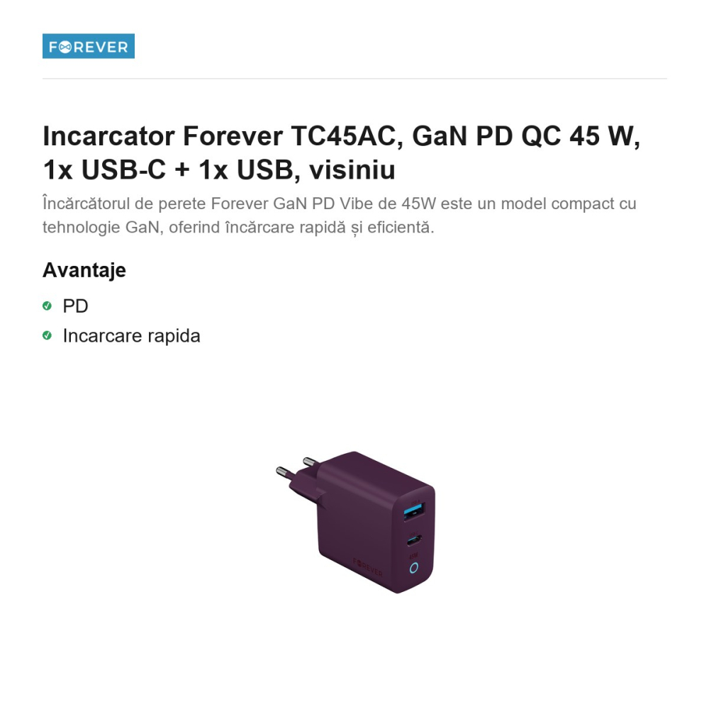 Incarcator Forever TC45AC, GaN PD QC 45 W, 1x USB-C + 1x USB, visiniu [2]
