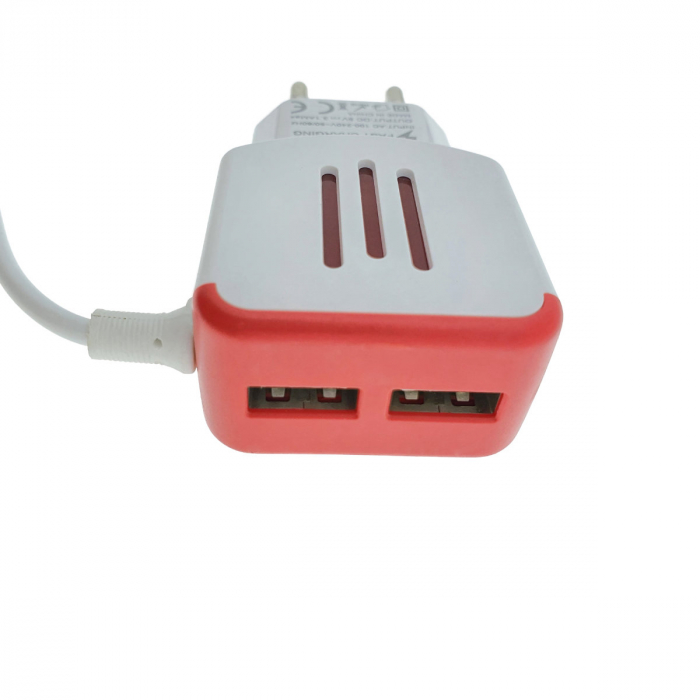 Incarcator la priza Euro, 2 porturi USB, DC 5V 3.1A, LED, cablu 85 cm cu conector microUSB, alb cu rosu [3]