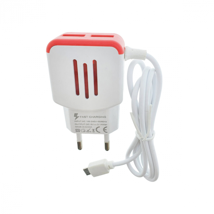 Incarcator la priza Euro, 2 porturi USB, DC 5V 3.1A, LED, cablu 85 cm cu conector microUSB, alb cu rosu [2]