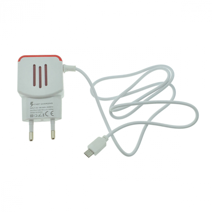 Incarcator la priza Euro, 2 porturi USB, DC 5V 3.1A, LED, cablu 85 cm cu conector microUSB, alb cu rosu [4]