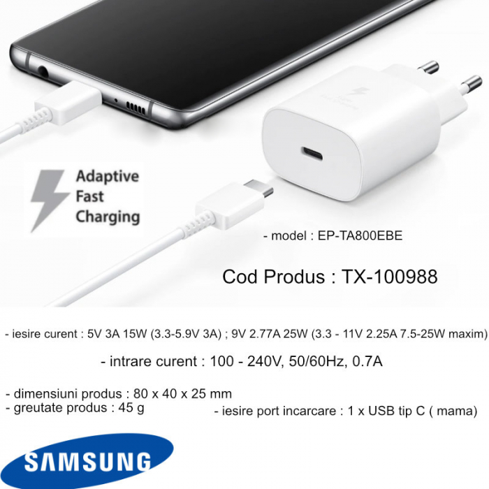 Incarcator la retea cu port USB tip C, Samsung EP-TA800EWE Super Fast Charging, 5V 3A, maxim 25W, alb [5]