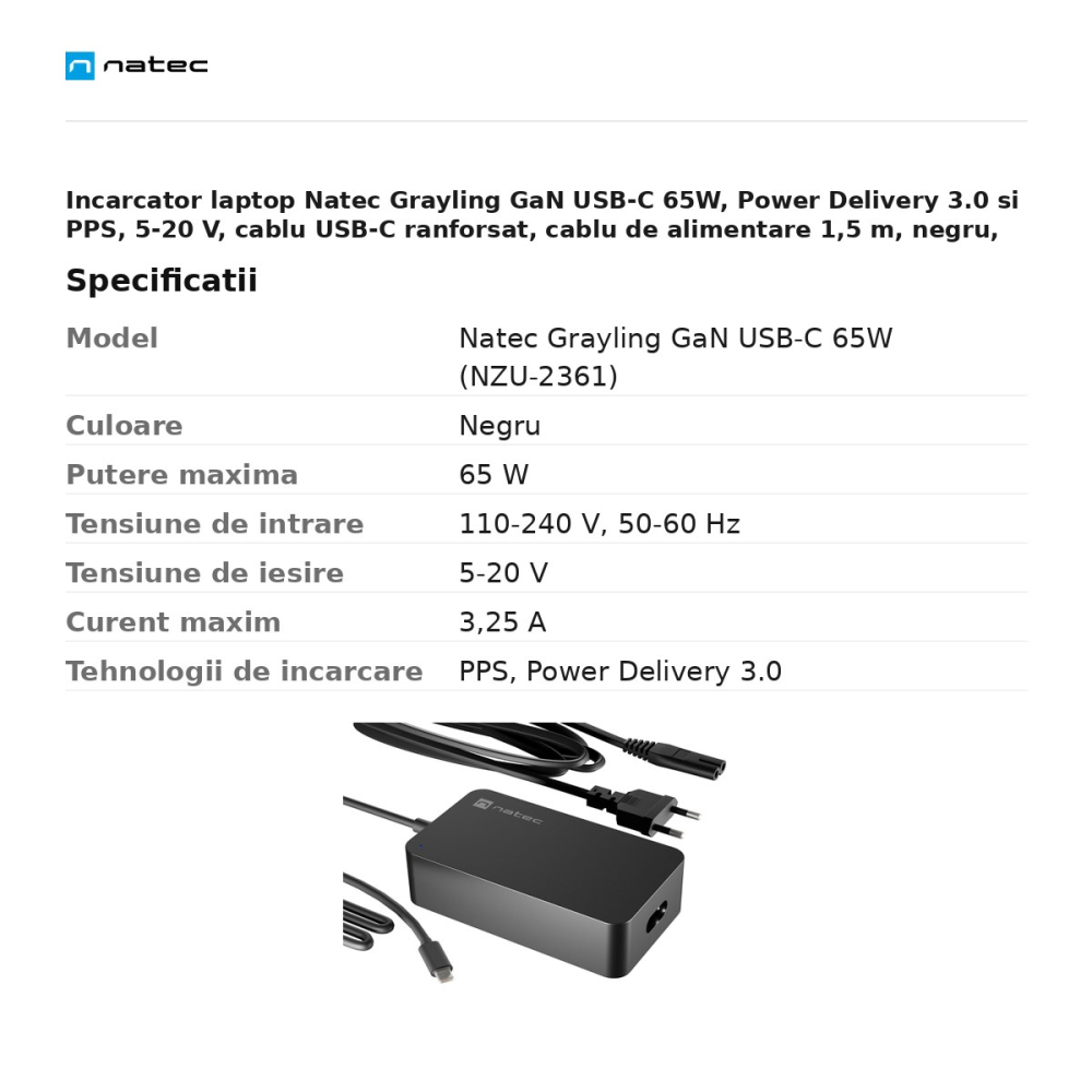 Incarcator laptop Natec Grayling GaN USB-C 65W, Power Delivery 3.0 si PPS, 5-20 V, cablu USB-C ranforsat, cablu de alimentare 1,5 m, negru, NZU-2361 [3]