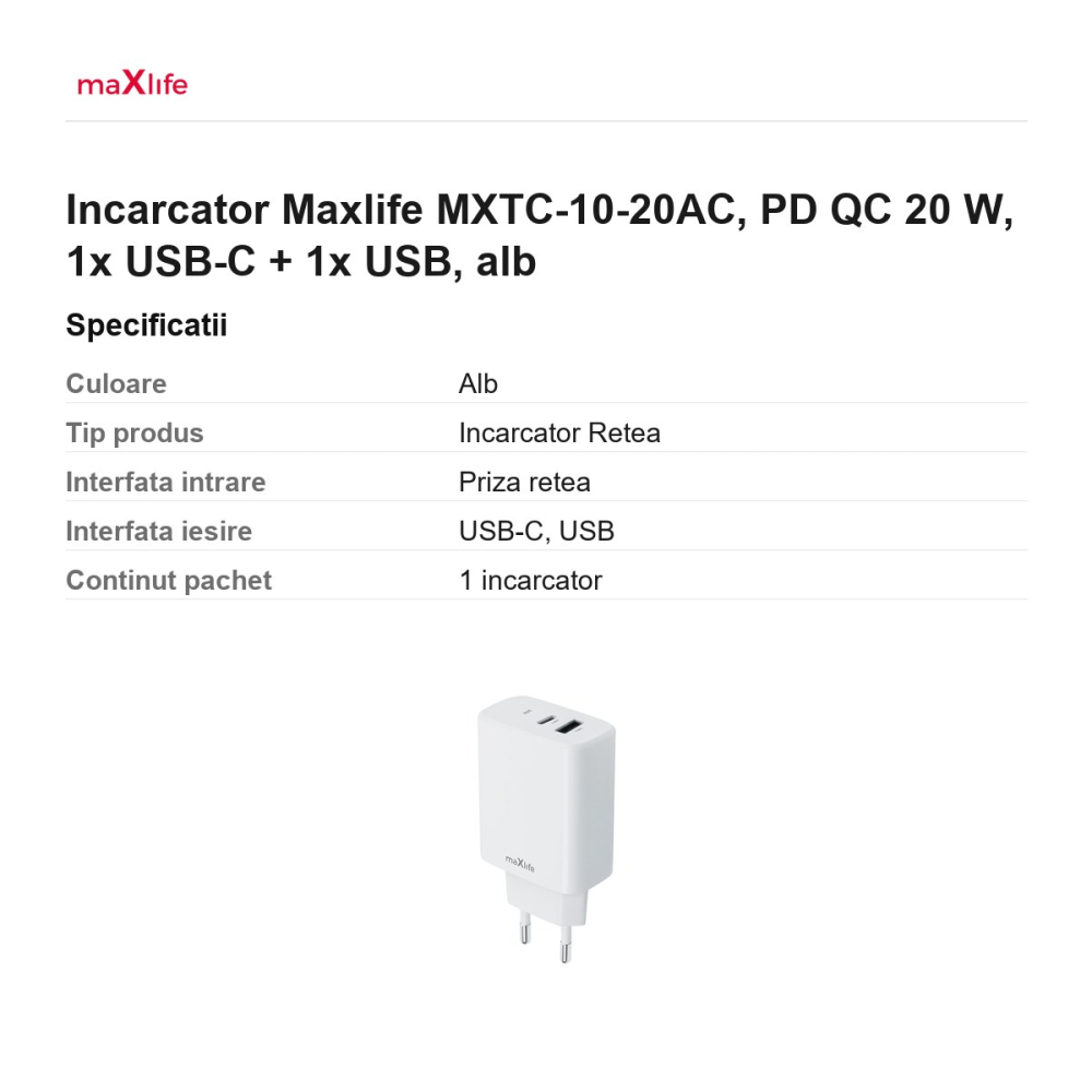Incarcator Maxlife MXTC-10-20AC, PD QC 20 W, 1x USB-C + 1x USB, alb [3]