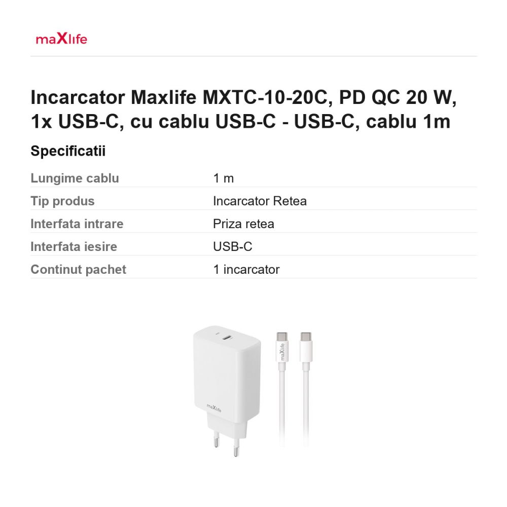 Incarcator Maxlife MXTC-10-20C, PD QC 20 W, 1x USB-C, cu cablu USB-C - USB-C, cablu 1m [3]