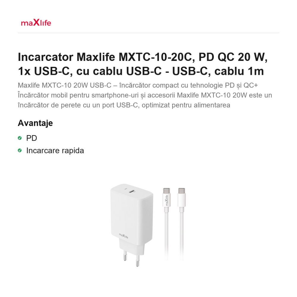 Incarcator Maxlife MXTC-10-20C, PD QC 20 W, 1x USB-C, cu cablu USB-C - USB-C, cablu 1m [2]