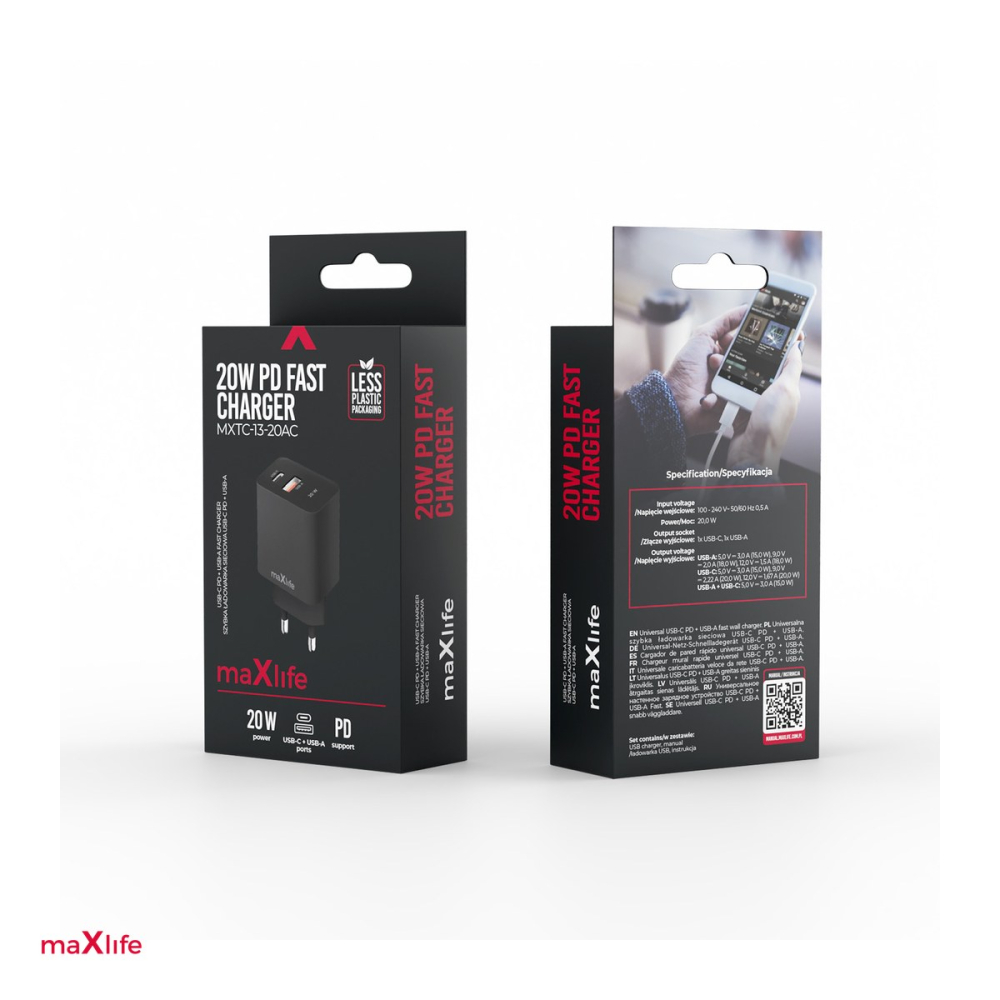 Incarcator Maxlife MXTC-13-20AC, PD QC 20 W, 1x USB-C + 1x USB, negru [4]
