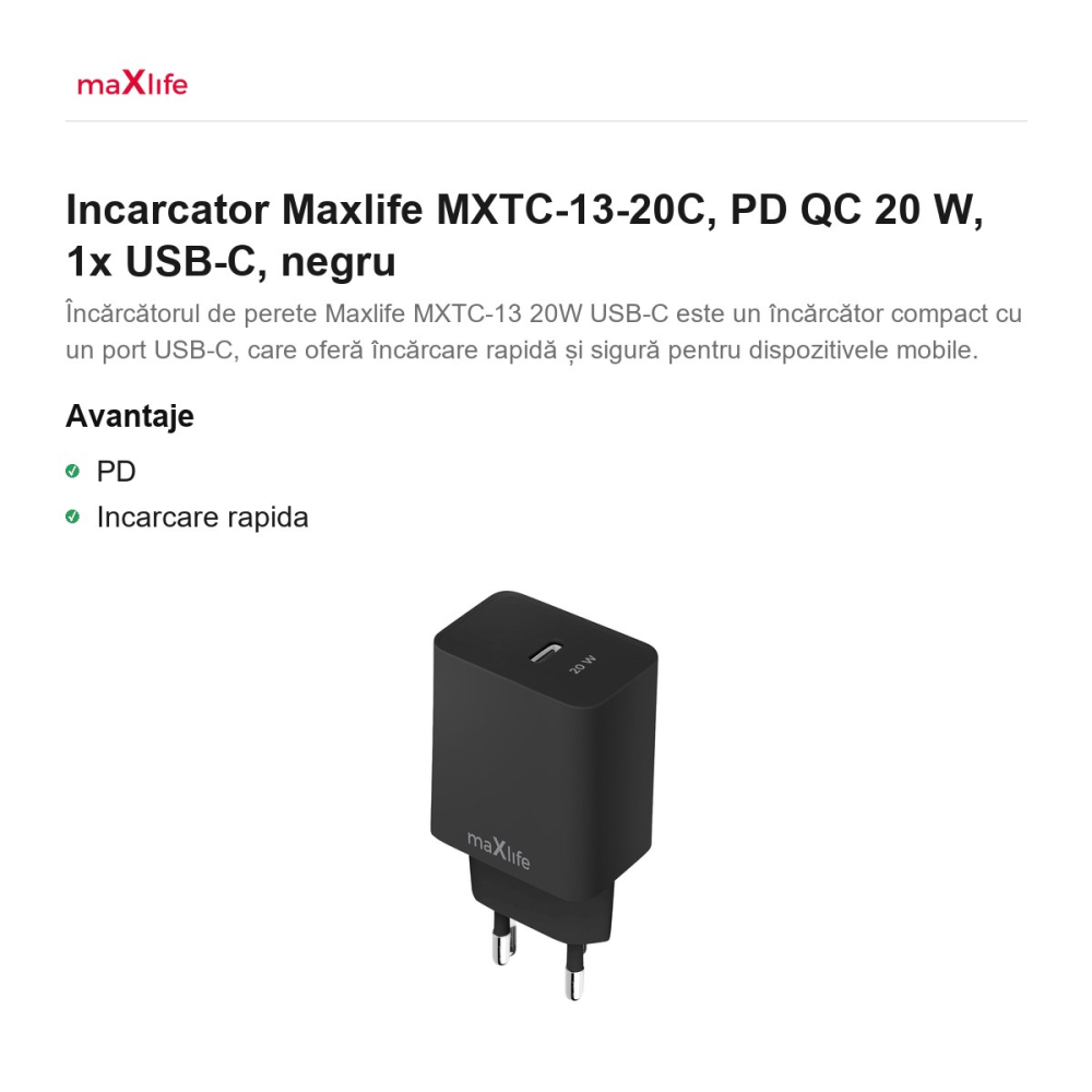 Incarcator Maxlife MXTC-13-20C, PD QC 20 W, 1x USB-C, negru [2]