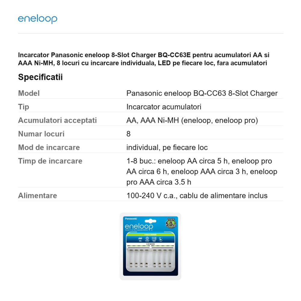 Incarcator Panasonic eneloop 8-Slot Charger BQ-CC63E pentru acumulatori AA si AAA Ni-MH, 8 locuri cu incarcare individuala, LED pe fiecare loc, fara acumulatori [3]