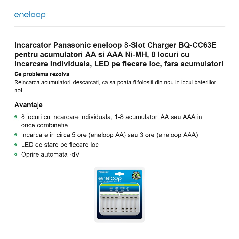 Incarcator Panasonic eneloop 8-Slot Charger BQ-CC63E pentru acumulatori AA si AAA Ni-MH, 8 locuri cu incarcare individuala, LED pe fiecare loc, fara acumulatori [2]