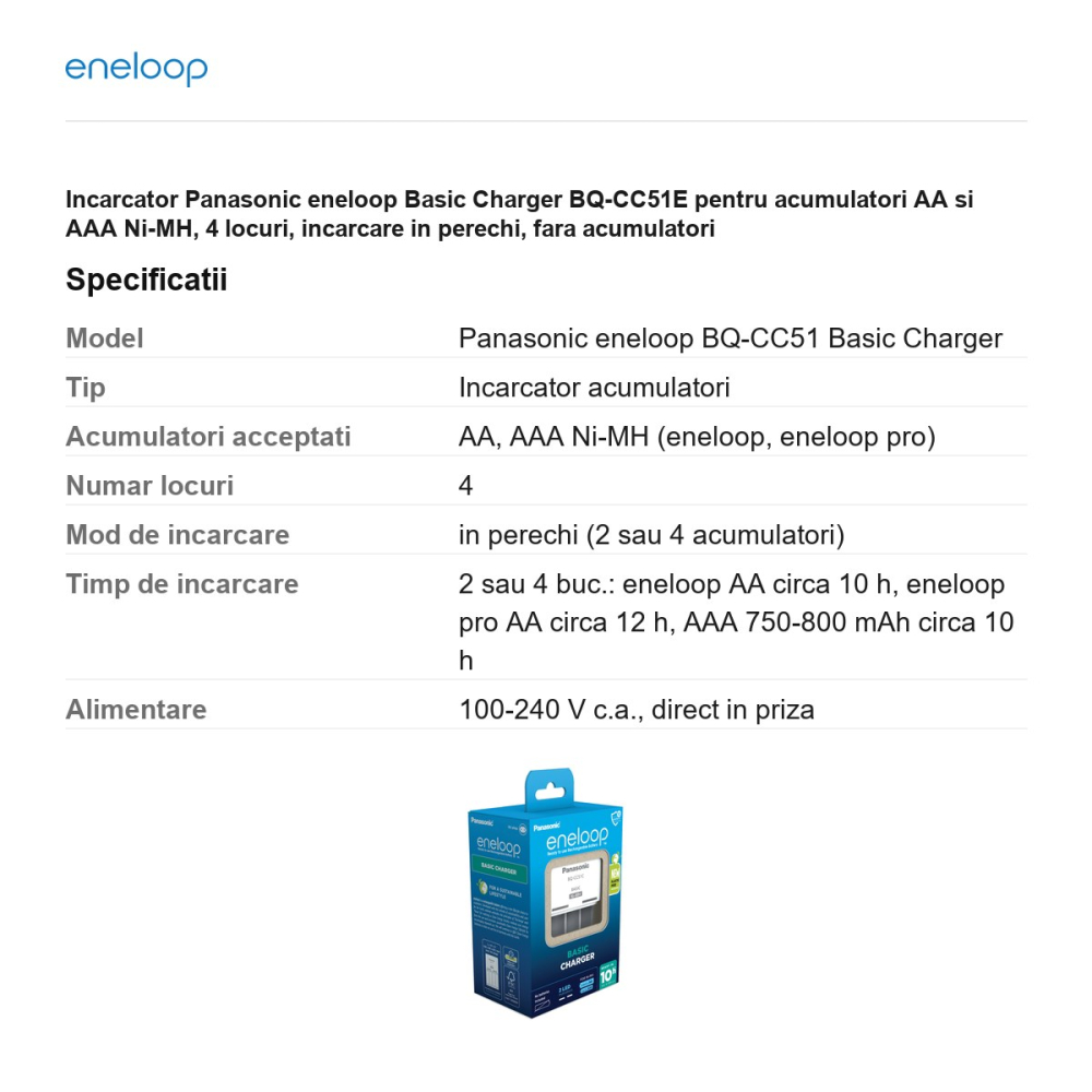 Incarcator Panasonic eneloop Basic Charger BQ-CC51E pentru acumulatori AA si AAA Ni-MH, 4 locuri, incarcare in perechi, fara acumulatori [3]