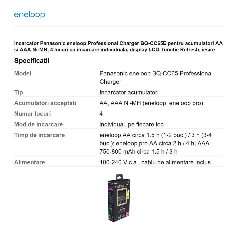 Incarcator Panasonic eneloop Professional Charger BQ-CC65E pentru acumulatori AA si AAA Ni-MH, 4 locuri cu incarcare individuala, display LCD, functie Refresh, iesire USB, fara acumulatori [3]
