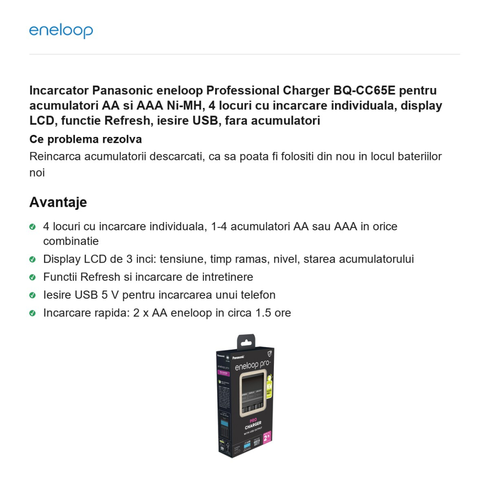 Incarcator Panasonic eneloop Professional Charger BQ-CC65E pentru acumulatori AA si AAA Ni-MH, 4 locuri cu incarcare individuala, display LCD, functie Refresh, iesire USB, fara acumulatori [2]