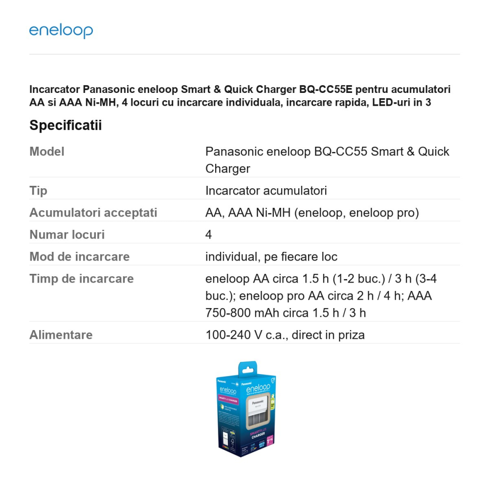 Incarcator Panasonic eneloop Smart & Quick Charger BQ-CC55E pentru acumulatori AA si AAA Ni-MH, 4 locuri cu incarcare individuala, incarcare rapida, LED-uri in 3 culori, fara acumulatori [3]
