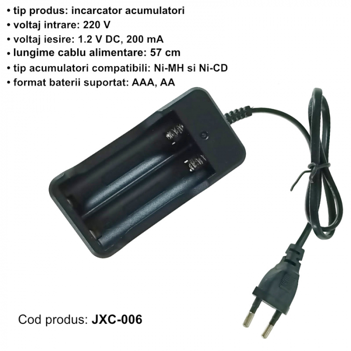Incarcator pentru 2 acumulatori tip AA-AAA, JXC-006, conectare la 220V, cablu de 57cm, negru [4]