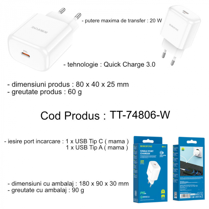 Incarcator Retea Borofone BN3 Premium, Quick Charge, 20W, 1 X USB Tip-C, Alb [11]