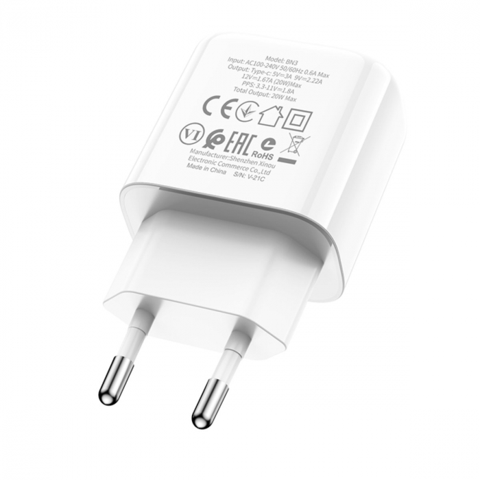 Incarcator Retea Borofone BN3 Premium, Quick Charge, 20W, 1 X USB Tip-C, Alb [5]