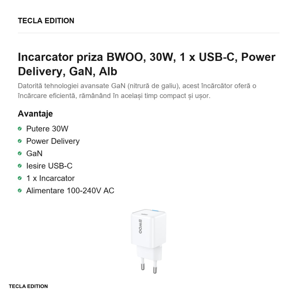 Incarcator priza BWOO, 30W, 1 x USB-C, Power Delivery, GaN, Alb [2]