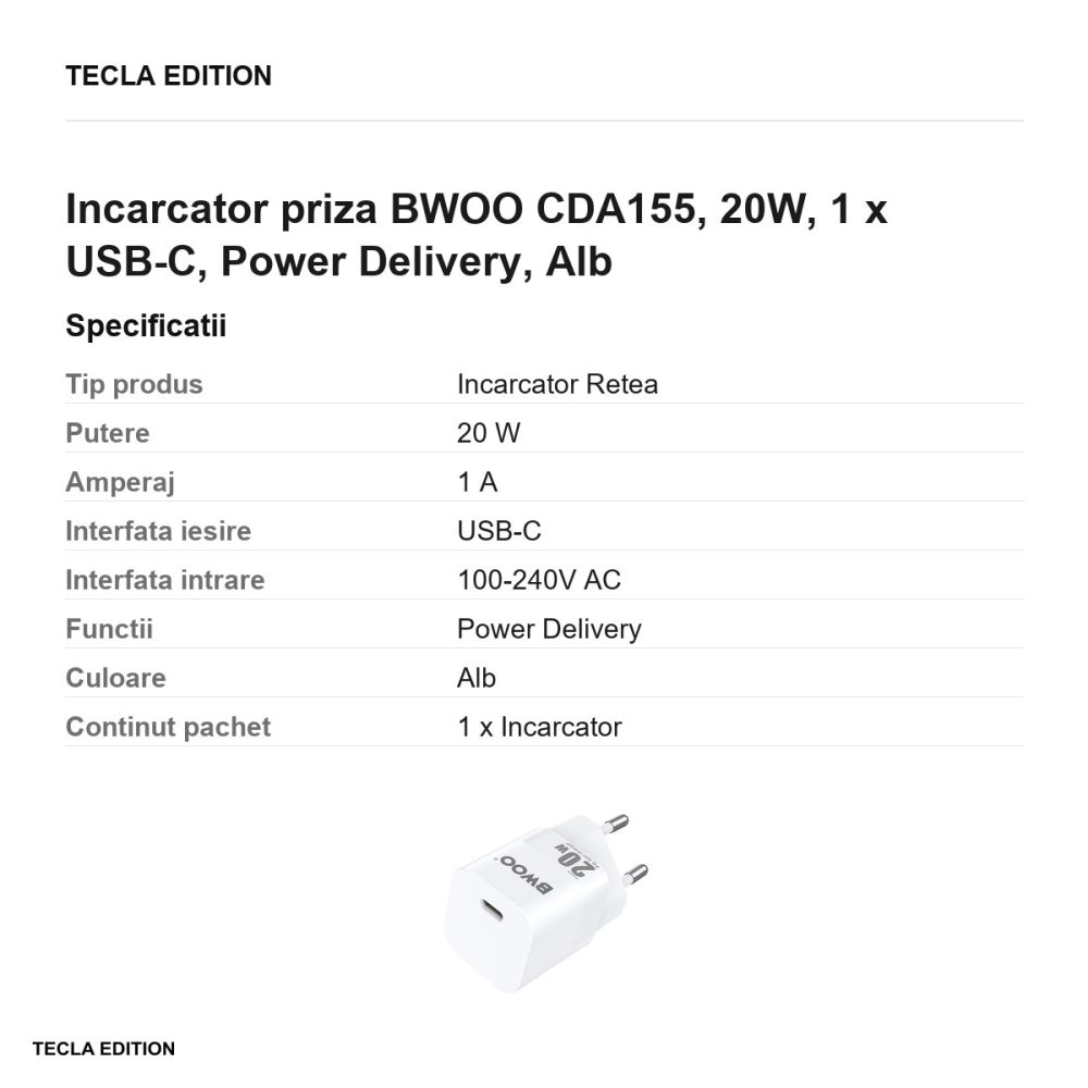 Incarcator priza BWOO CDA155, 20W, 1 x USB-C, Power Delivery, Alb [3]