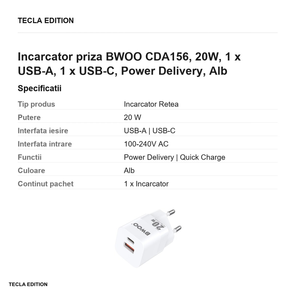 Incarcator priza BWOO CDA156, 20W, 1 x USB-A, 1 x USB-C, Power Delivery, Alb [3]