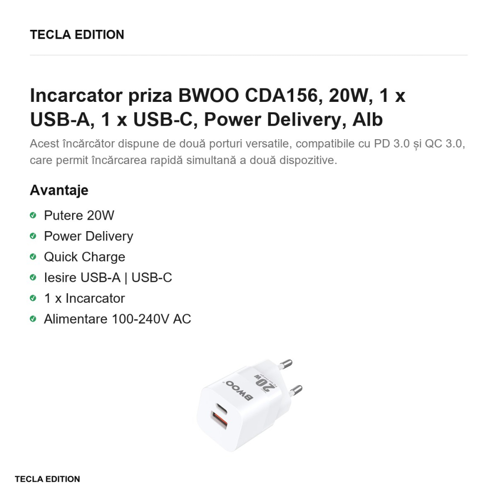 Incarcator priza BWOO CDA156, 20W, 1 x USB-A, 1 x USB-C, Power Delivery, Alb [2]