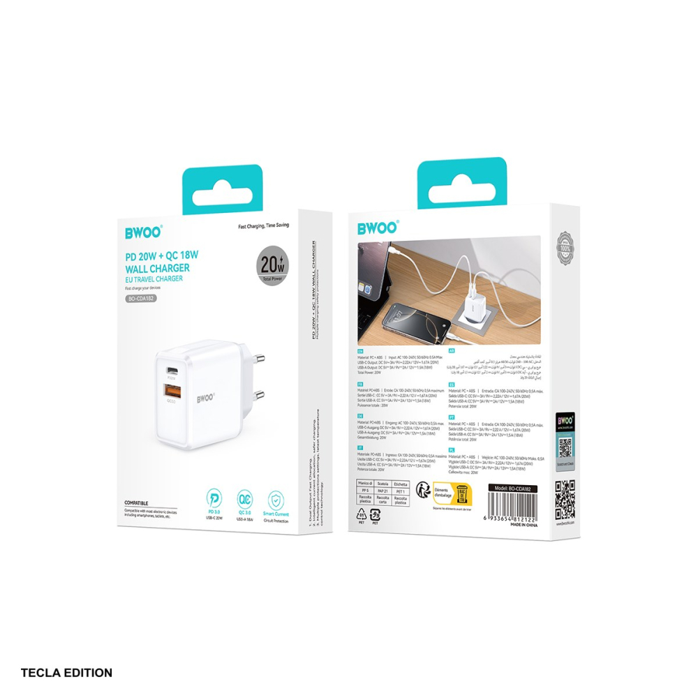 Incarcator priza BWOO CDA182, 38W, 1 x USB-A, 1 x USB-C, Quick Charge, Alb [5]