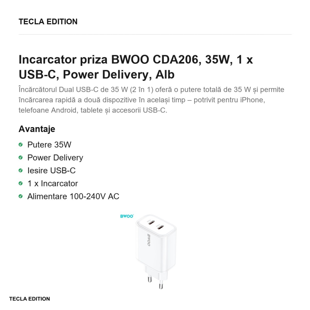 Incarcator priza BWOO CDA206, 35W, 1 x USB-C, Power Delivery, Alb [2]