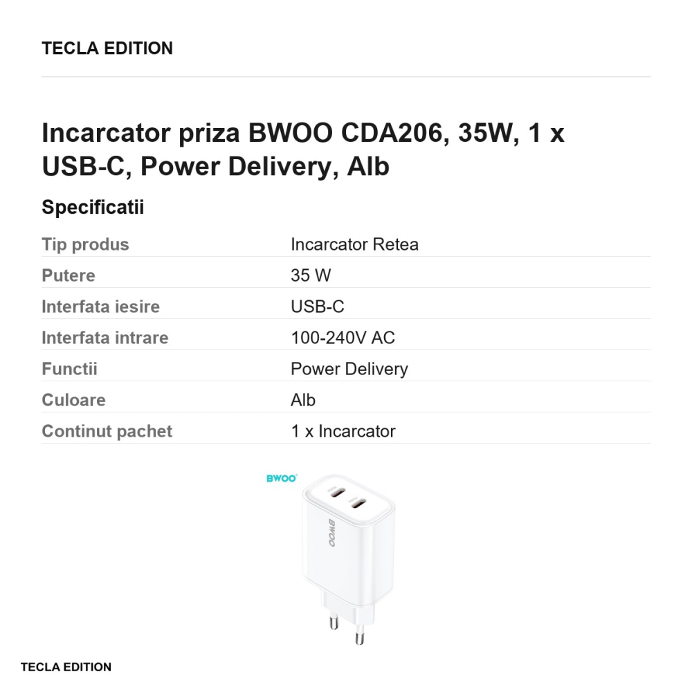 Incarcator priza BWOO CDA206, 35W, 1 x USB-C, Power Delivery, Alb [3]